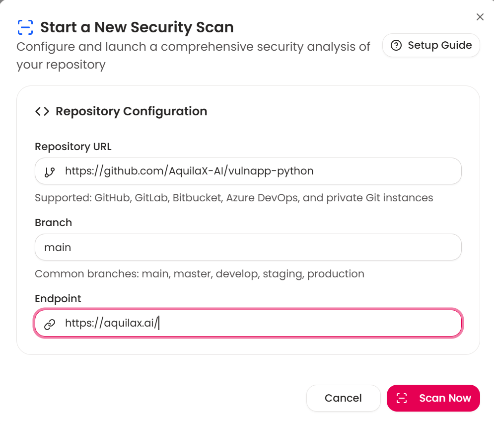 AquilaX Scan Configuration and Launch