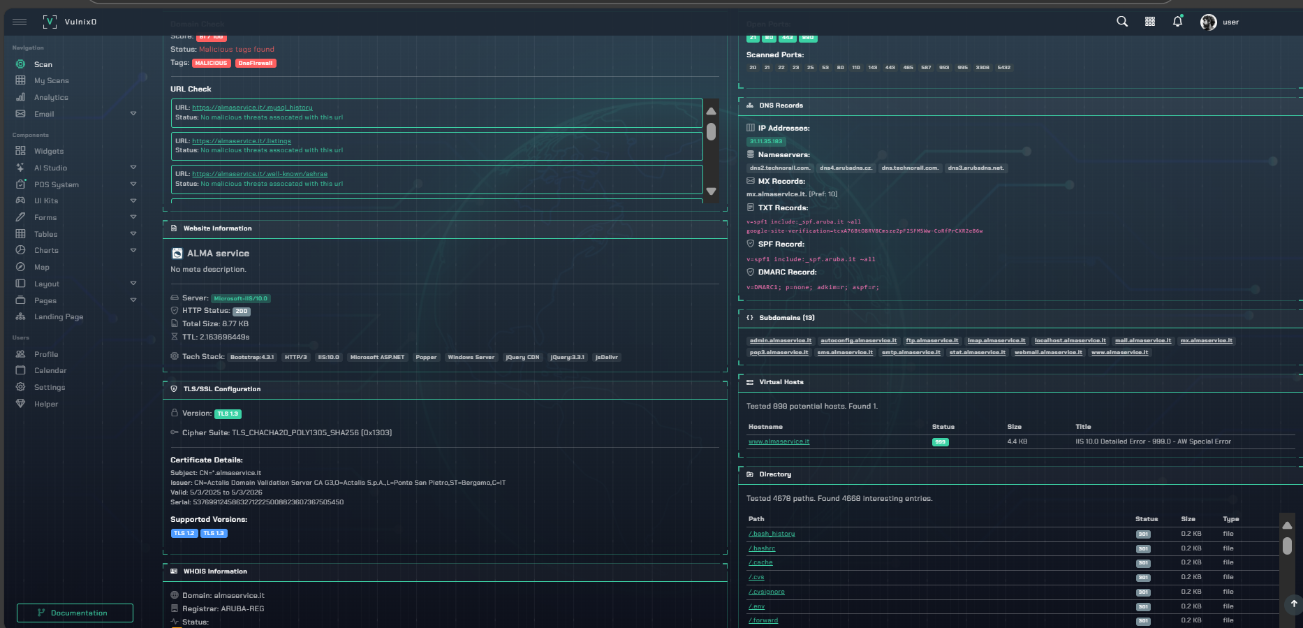 The vulnix0 dashboard visualizing an attack path from an external asset to a critical database.